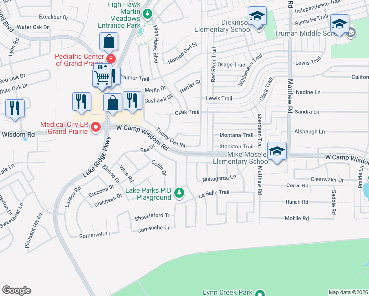 map of restaurants, bars, coffee shops, grocery stores, and more near 2223 Tawny Owl Road in Grand Prairie