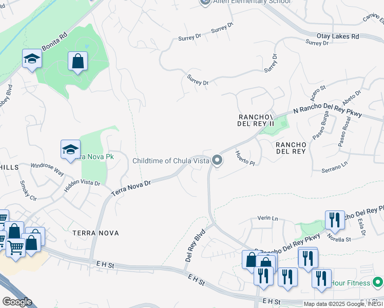 map of restaurants, bars, coffee shops, grocery stores, and more near 743 Terra Nova Drive in Chula Vista
