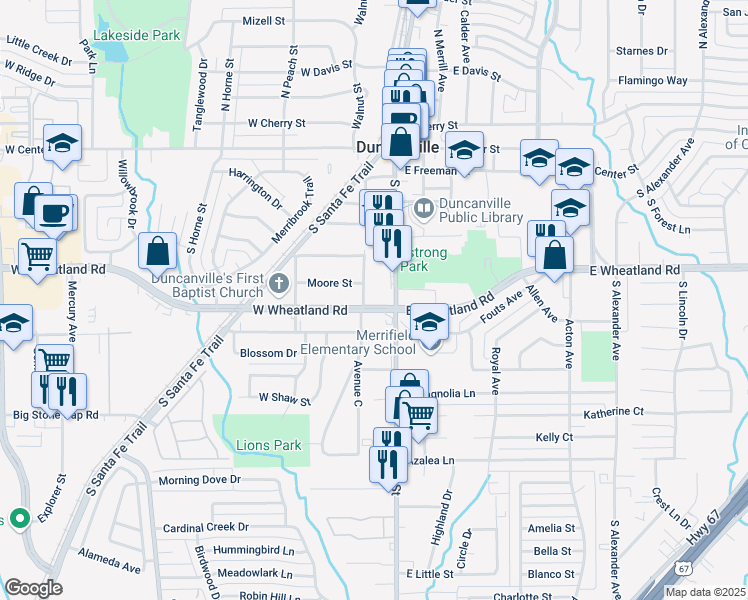 map of restaurants, bars, coffee shops, grocery stores, and more near 115 West Wheatland Road in Duncanville