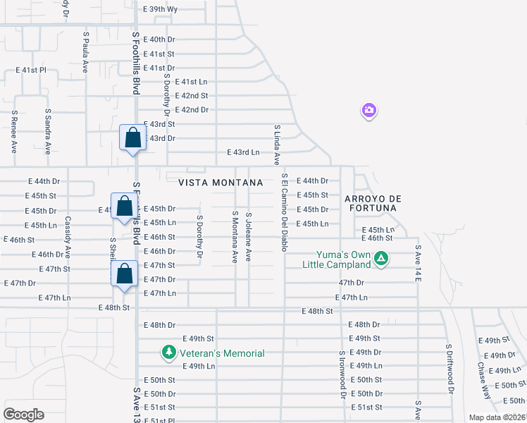 map of restaurants, bars, coffee shops, grocery stores, and more near 13468 East 45th Lane in Yuma