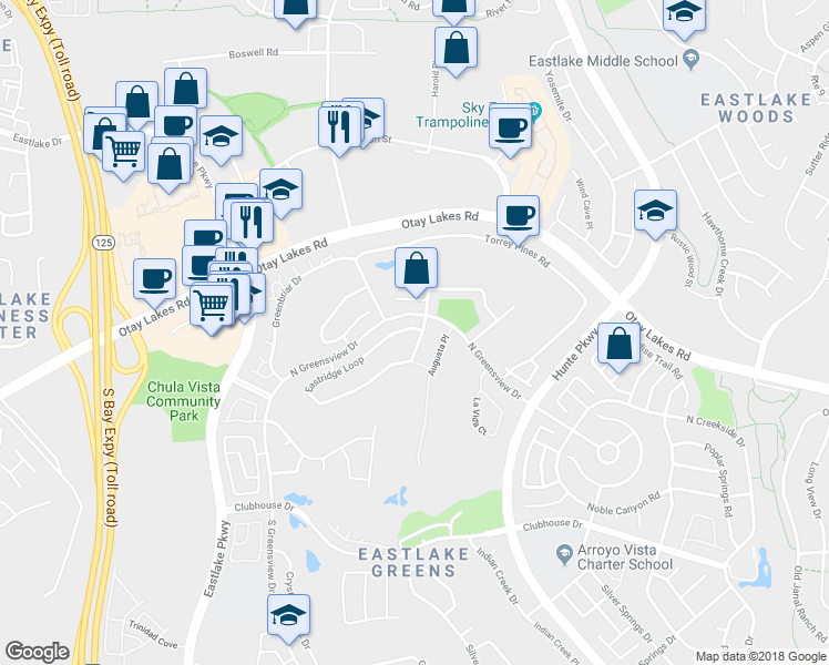 map of restaurants, bars, coffee shops, grocery stores, and more near 1082 Augusta Place in Chula Vista