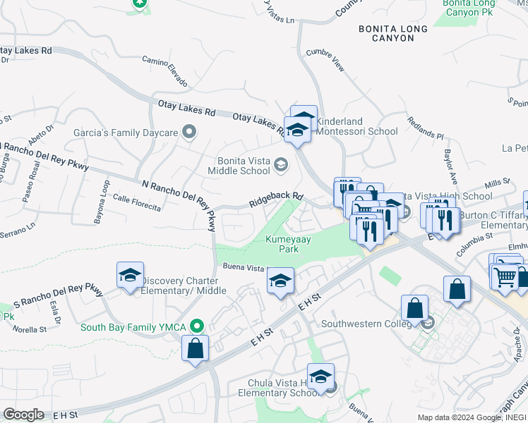 map of restaurants, bars, coffee shops, grocery stores, and more near 1350 Callejon Cervantes in Chula Vista