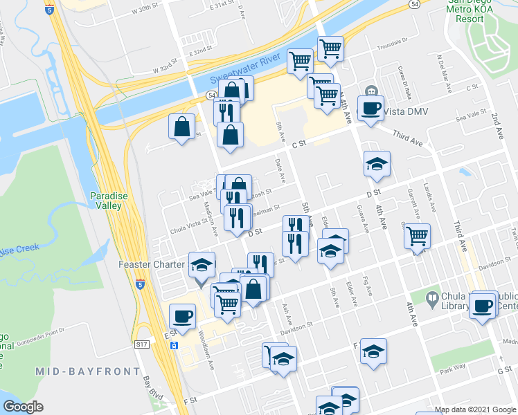 map of restaurants, bars, coffee shops, grocery stores, and more near 583 Casselman Street in Chula Vista
