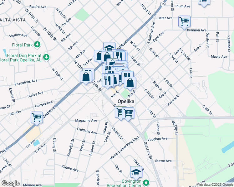 map of restaurants, bars, coffee shops, grocery stores, and more near 901-989 Ave A in Opelika