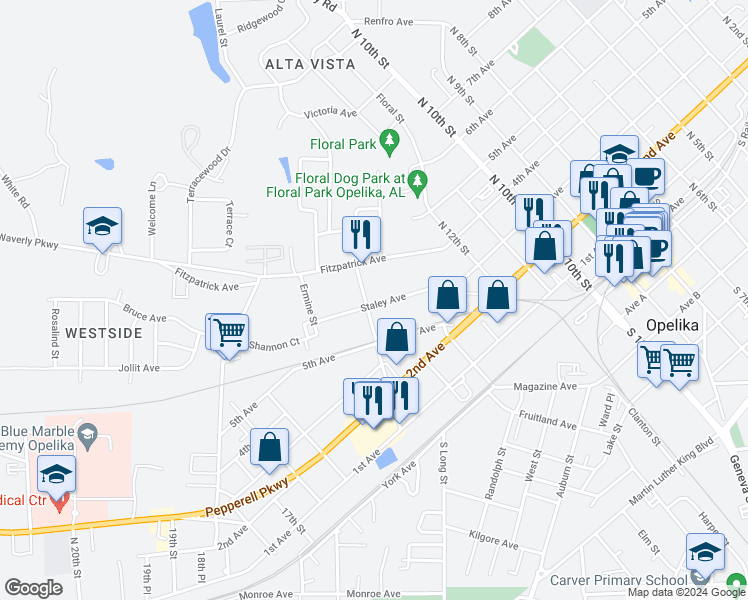 map of restaurants, bars, coffee shops, grocery stores, and more near 1108 Staley Avenue in Opelika