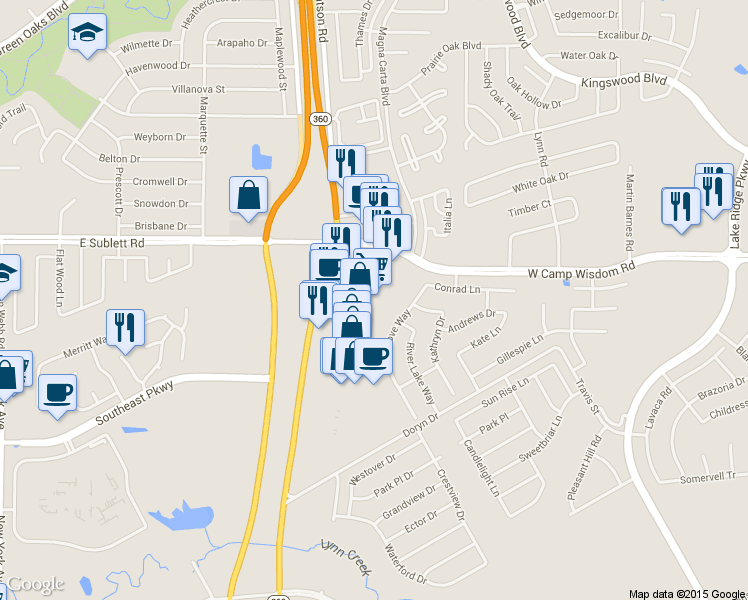 map of restaurants, bars, coffee shops, grocery stores, and more near 5210 South State Highway 360 in Grand Prairie