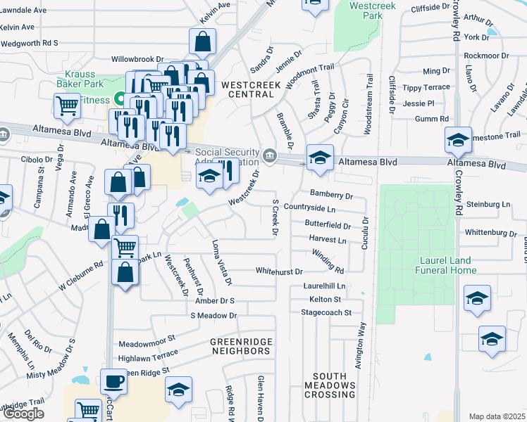 map of restaurants, bars, coffee shops, grocery stores, and more near 6710 Crestmont Court in Fort Worth