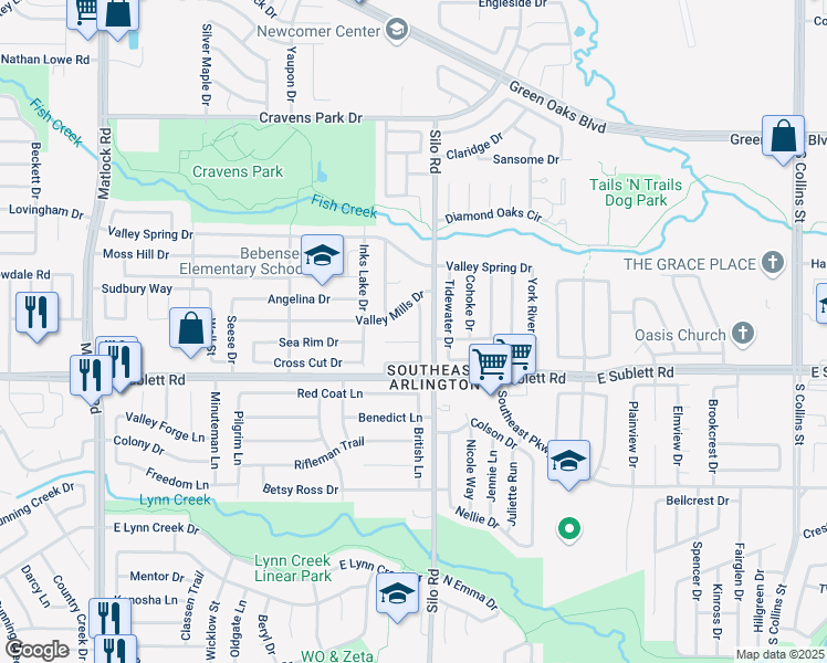 map of restaurants, bars, coffee shops, grocery stores, and more near 6104 Bay Hill Drive in Arlington