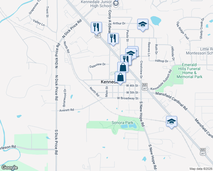 map of restaurants, bars, coffee shops, grocery stores, and more near 201 Main St in Kennedale