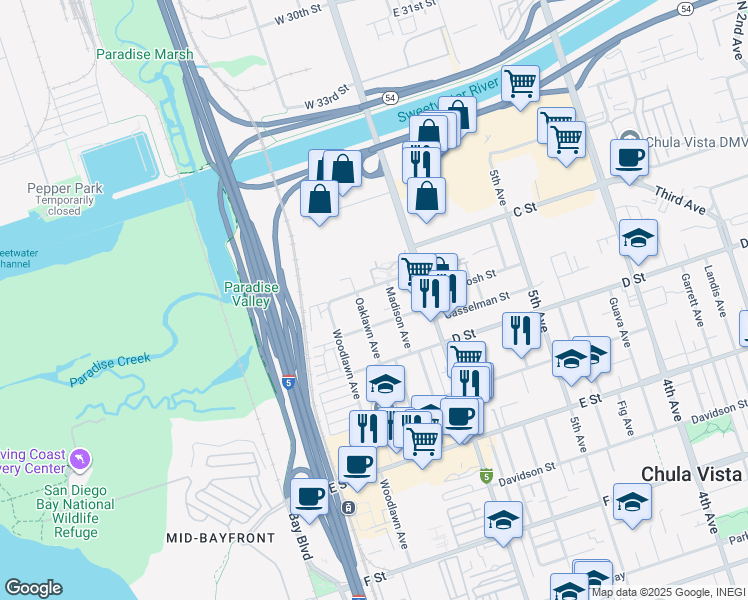 map of restaurants, bars, coffee shops, grocery stores, and more near 39 Oaklawn Avenue in Chula Vista