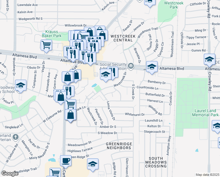 map of restaurants, bars, coffee shops, grocery stores, and more near 6723 Westcreek Drive in Fort Worth