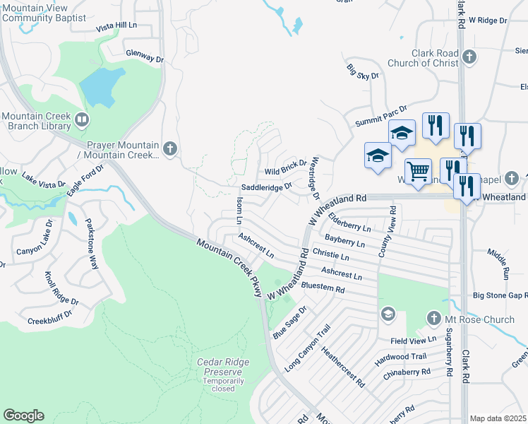 map of restaurants, bars, coffee shops, grocery stores, and more near 7504 Wood Slope Drive in Dallas