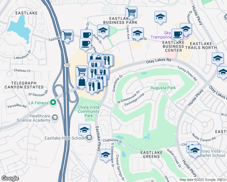 map of restaurants, bars, coffee shops, grocery stores, and more near 2330 Greenbriar Drive in Chula Vista