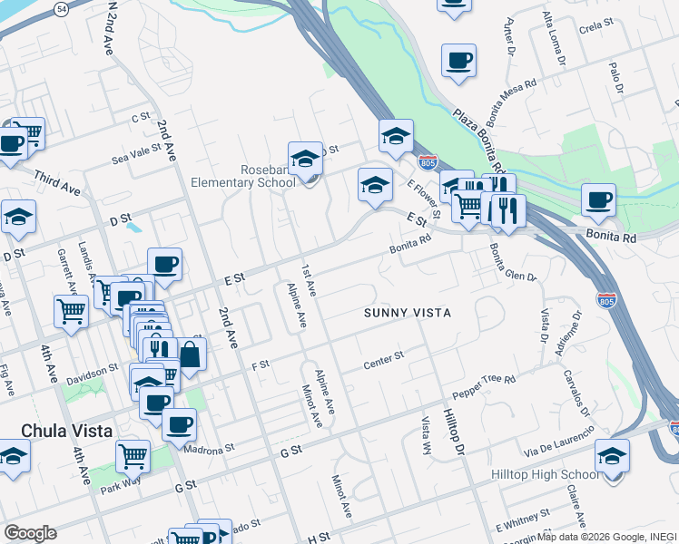 map of restaurants, bars, coffee shops, grocery stores, and more near 82 Bonita Road in Chula Vista