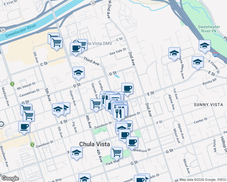 map of restaurants, bars, coffee shops, grocery stores, and more near 278 Fredericka Parkway in Chula Vista
