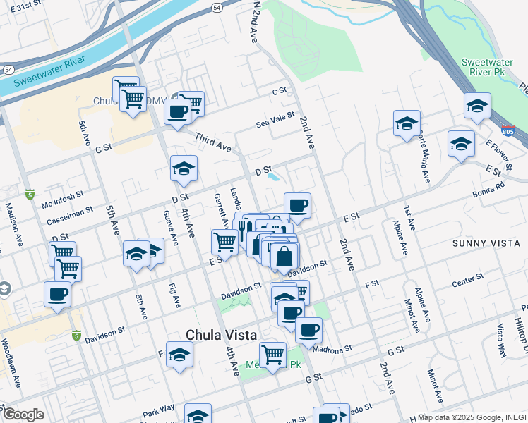 map of restaurants, bars, coffee shops, grocery stores, and more near 278 Fredericka Parkway in Chula Vista