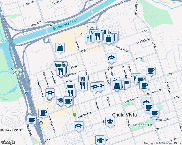 map of restaurants, bars, coffee shops, grocery stores, and more near 482 D Street in Chula Vista