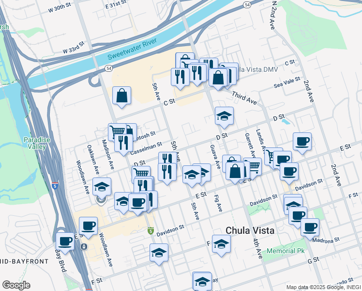 map of restaurants, bars, coffee shops, grocery stores, and more near 482 D Street in Chula Vista