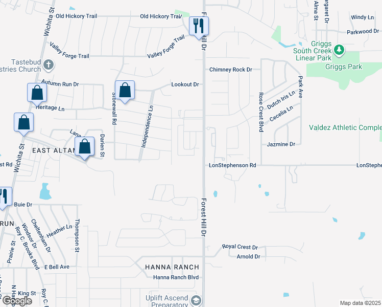 map of restaurants, bars, coffee shops, grocery stores, and more near 7500 Forest Hill Drive in Everman