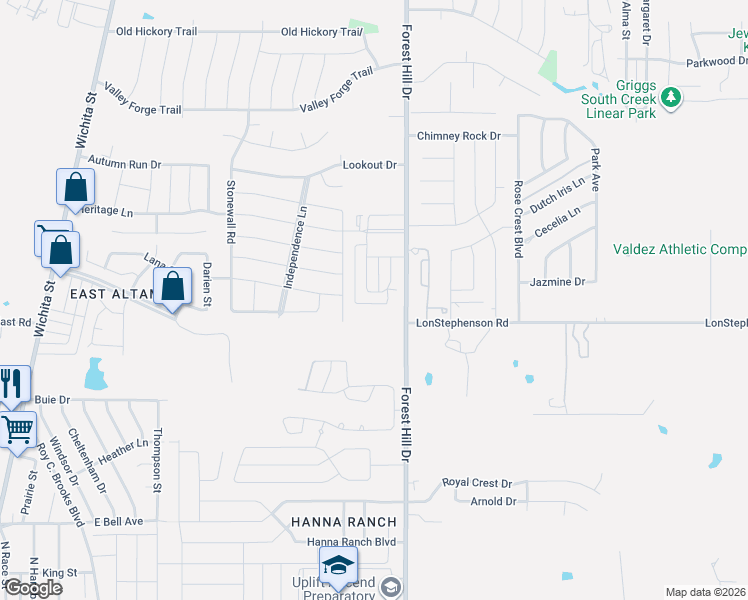 map of restaurants, bars, coffee shops, grocery stores, and more near 7357 Fredricksburg Drive in Forest Hill