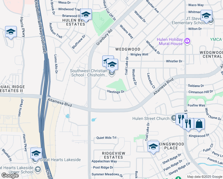 map of restaurants, bars, coffee shops, grocery stores, and more near 5309 Hastings Drive in Fort Worth