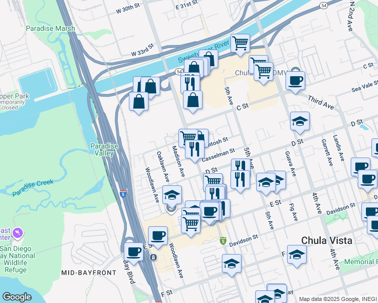 map of restaurants, bars, coffee shops, grocery stores, and more near in Chula Vista