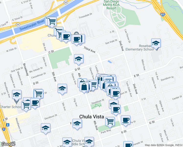 map of restaurants, bars, coffee shops, grocery stores, and more near 132 Garrett Avenue in Chula Vista