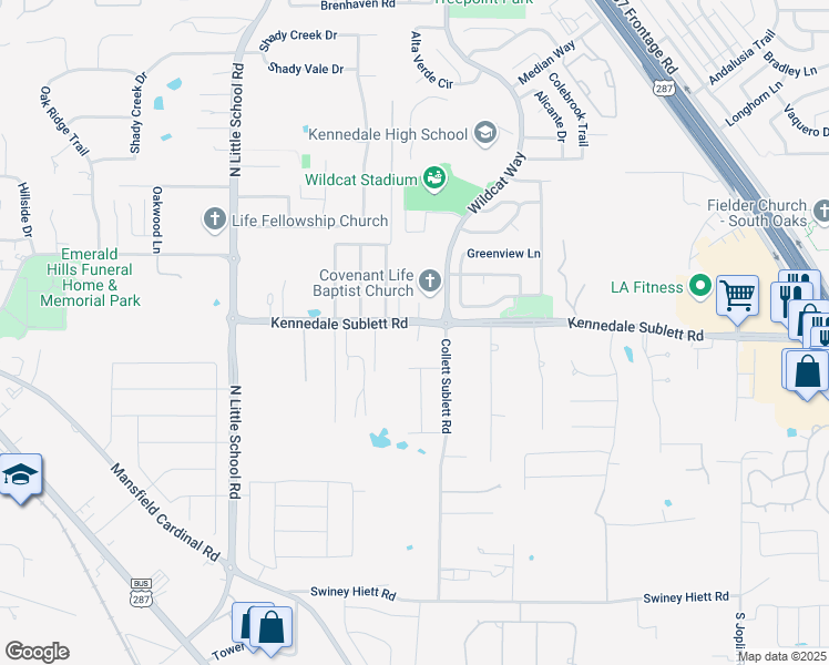 map of restaurants, bars, coffee shops, grocery stores, and more near 1118 Kennedale Sublett Road in Kennedale