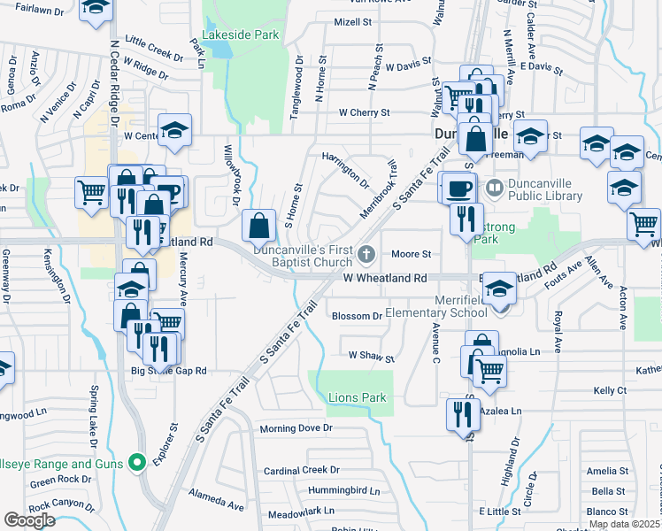 map of restaurants, bars, coffee shops, grocery stores, and more near 330 West Wheatland Road in Duncanville