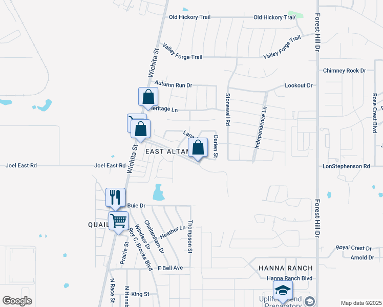 map of restaurants, bars, coffee shops, grocery stores, and more near 7425 Lea Place in Fort Worth