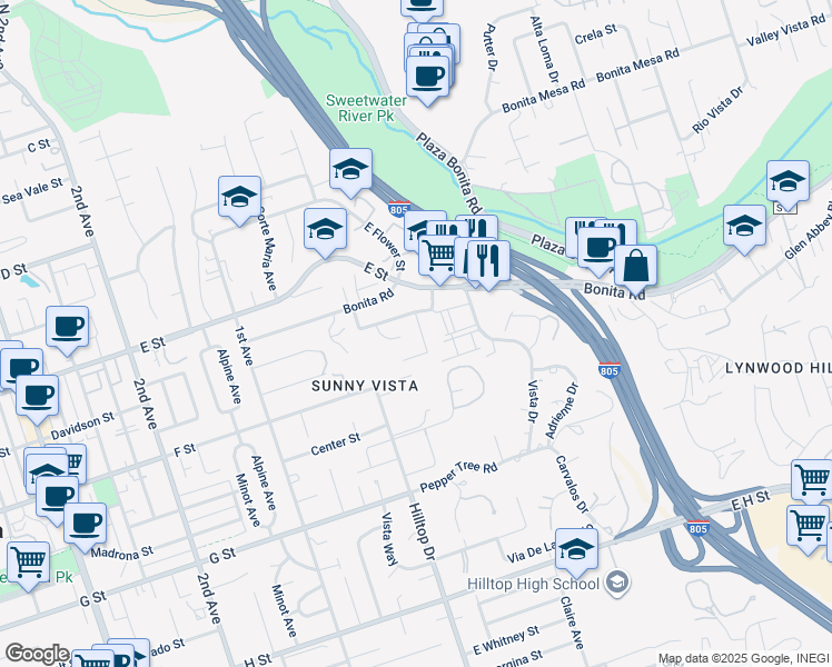 map of restaurants, bars, coffee shops, grocery stores, and more near 262 Eucalyptus Court in Chula Vista