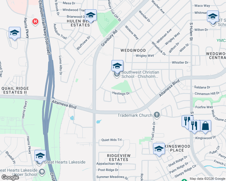 map of restaurants, bars, coffee shops, grocery stores, and more near 5308 Hastings Drive in Fort Worth