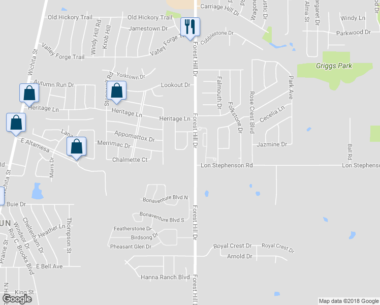 map of restaurants, bars, coffee shops, grocery stores, and more near 7500 Forest Hill Drive in Everman