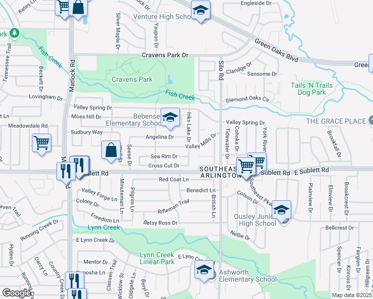 map of restaurants, bars, coffee shops, grocery stores, and more near 532 Valley Mills Drive in Arlington