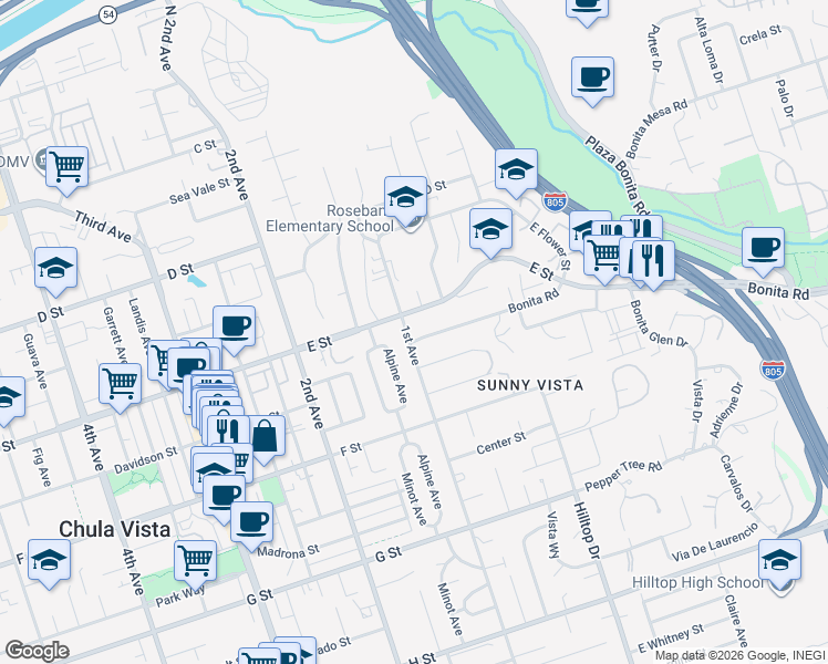map of restaurants, bars, coffee shops, grocery stores, and more near 217 1st Avenue in Chula Vista