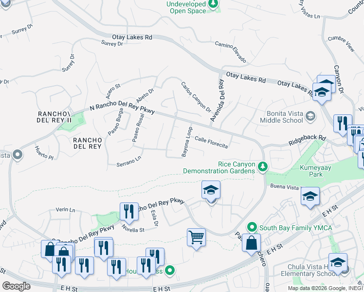 map of restaurants, bars, coffee shops, grocery stores, and more near 555 Bayona Loop in Chula Vista