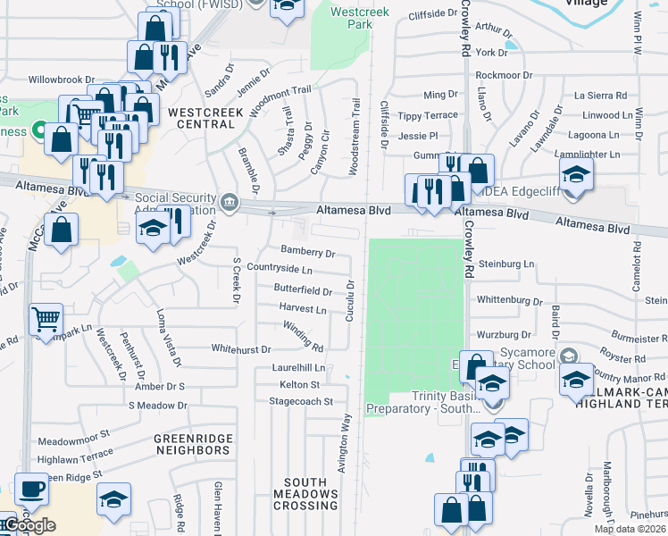 map of restaurants, bars, coffee shops, grocery stores, and more near 2505 Countryside Lane in Fort Worth