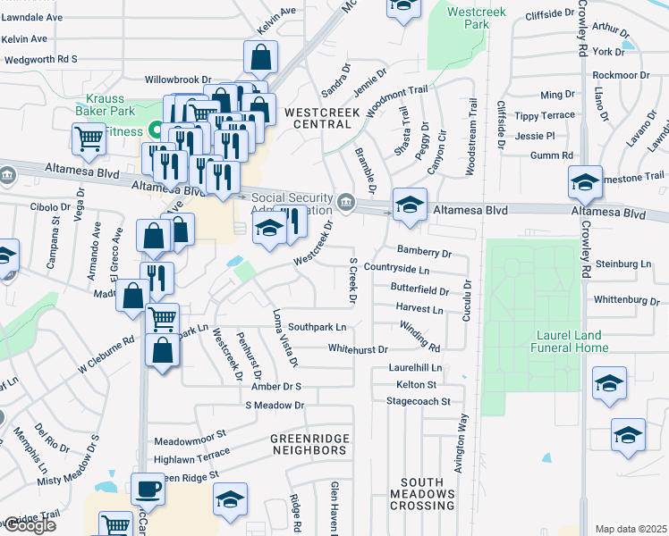 map of restaurants, bars, coffee shops, grocery stores, and more near 6710 Crestmont Court in Fort Worth