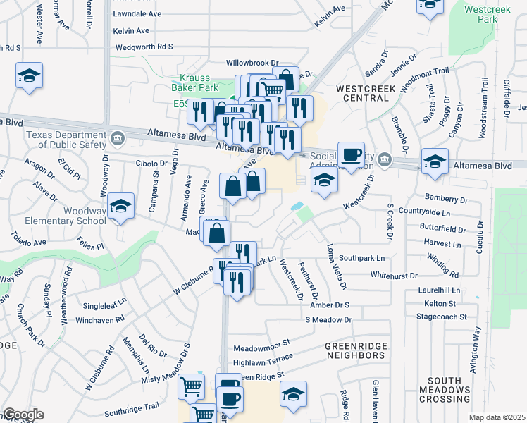 map of restaurants, bars, coffee shops, grocery stores, and more near 3378 Polo Club Drive South in Fort Worth