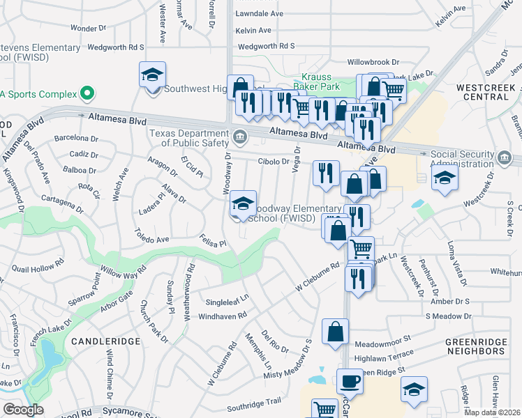 map of restaurants, bars, coffee shops, grocery stores, and more near 6701 Woodway Drive in Fort Worth