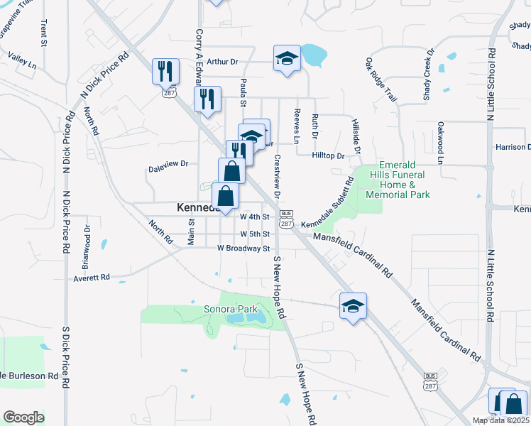 map of restaurants, bars, coffee shops, grocery stores, and more near 108 West 4th Street in Kennedale