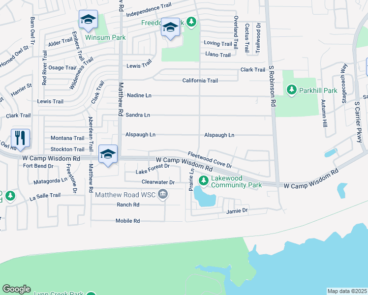 map of restaurants, bars, coffee shops, grocery stores, and more near 1227 Fleetwood Cove Drive in Grand Prairie