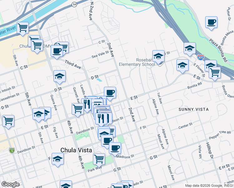 map of restaurants, bars, coffee shops, grocery stores, and more near 197 Twin Oaks Circle in Chula Vista