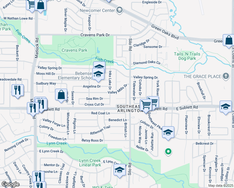 map of restaurants, bars, coffee shops, grocery stores, and more near 606 Valley Mills Drive in Arlington