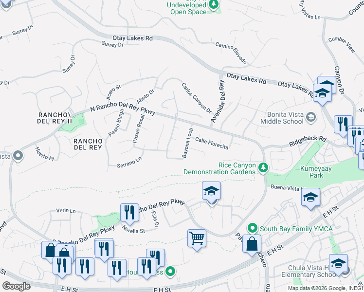 map of restaurants, bars, coffee shops, grocery stores, and more near 555 Bayona Loop in Chula Vista