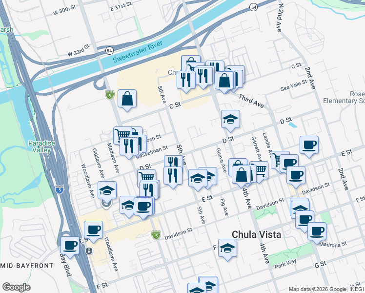 map of restaurants, bars, coffee shops, grocery stores, and more near 87 5th Avenue in Chula Vista