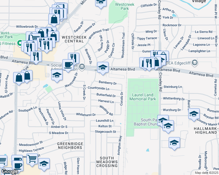 map of restaurants, bars, coffee shops, grocery stores, and more near 2525 Countryside Lane in Fort Worth