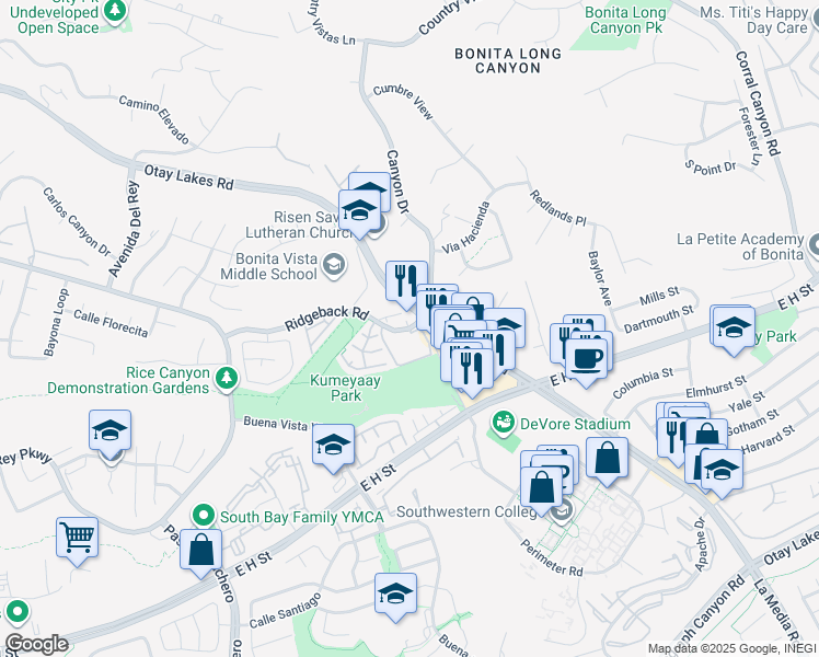 map of restaurants, bars, coffee shops, grocery stores, and more near 1404 Ridgeback Road in Chula Vista