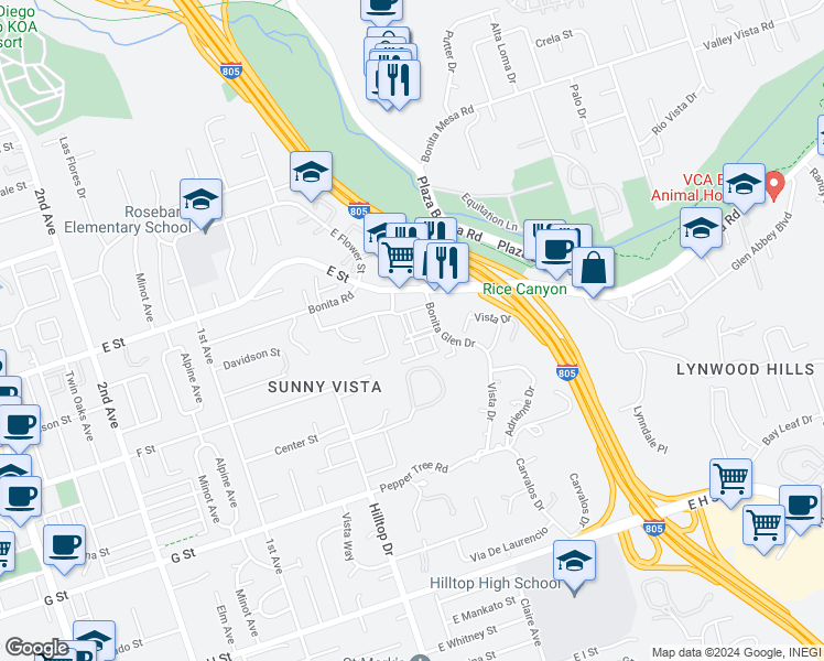 map of restaurants, bars, coffee shops, grocery stores, and more near 250 Bonita Glen Drive in Chula Vista