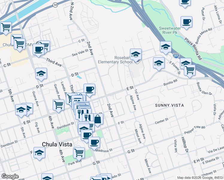 map of restaurants, bars, coffee shops, grocery stores, and more near 186 County Highway S17 in Chula Vista